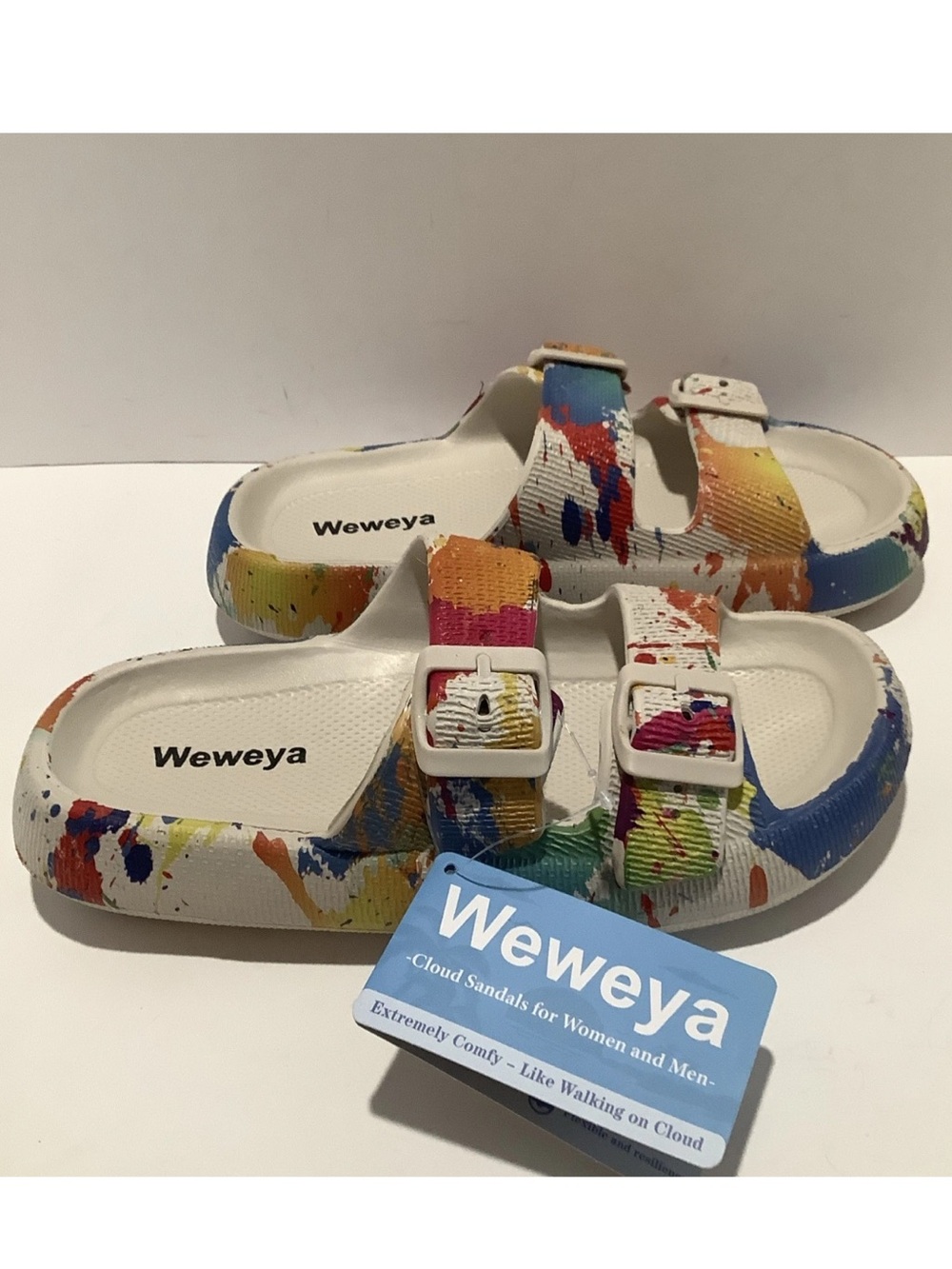 Weweya Rainbow / Splatter Cloud Buckle Sandals / Slides. Fits 5 1/2 thru 6 1/2.
